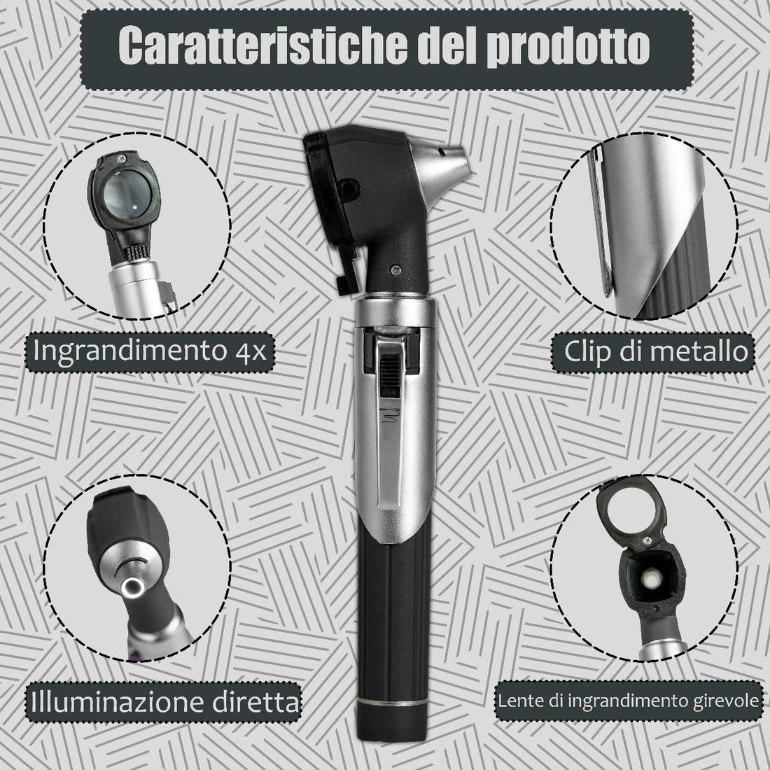 Medical tool set with otoscope, black pouch, and various attachments on a white background