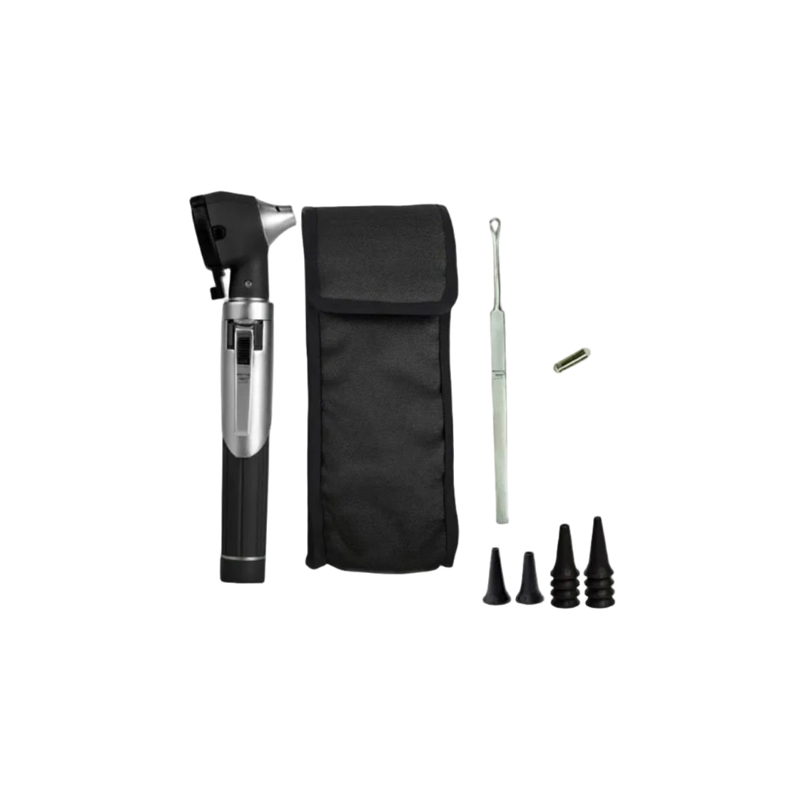 Medical tool set with otoscope, black pouch, and various attachments on a white background