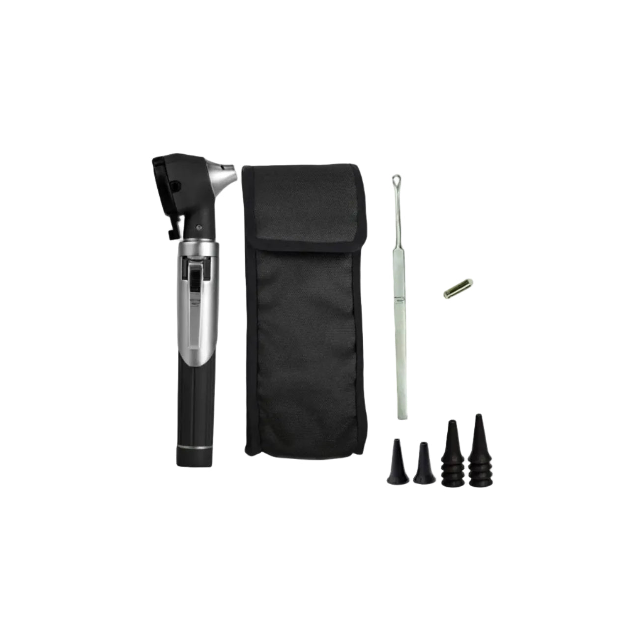 Medical tool set with otoscope, black pouch, and various attachments on a white backgroundshop_this_look_EcLGgQ