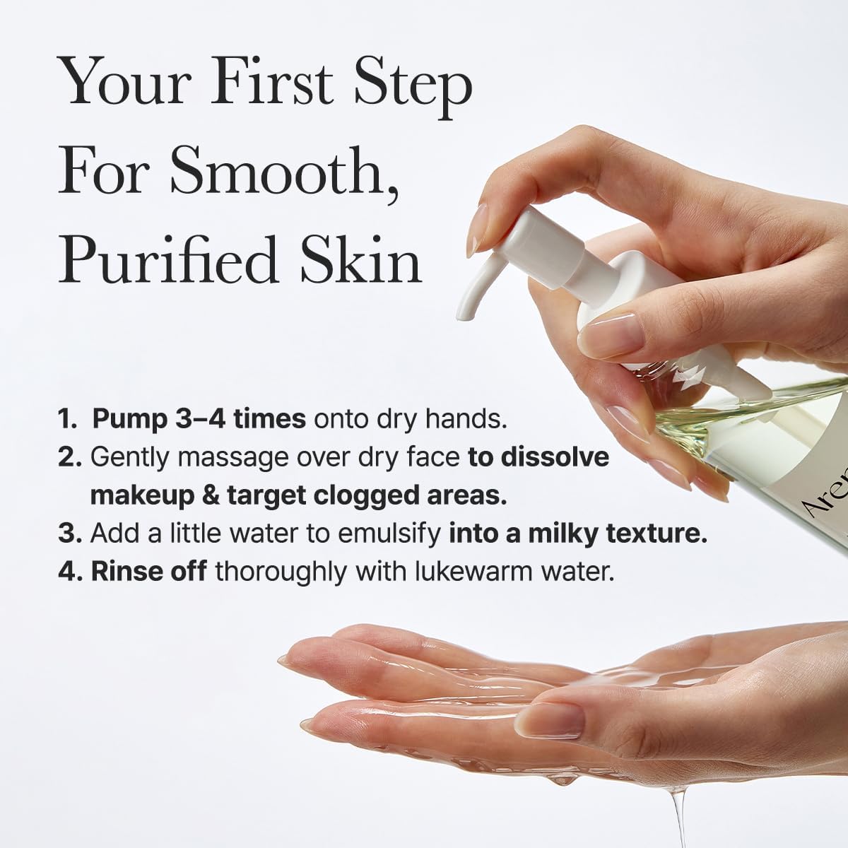 Arencia Cleansing Oil texture — silky oil to milky emulsion transformation