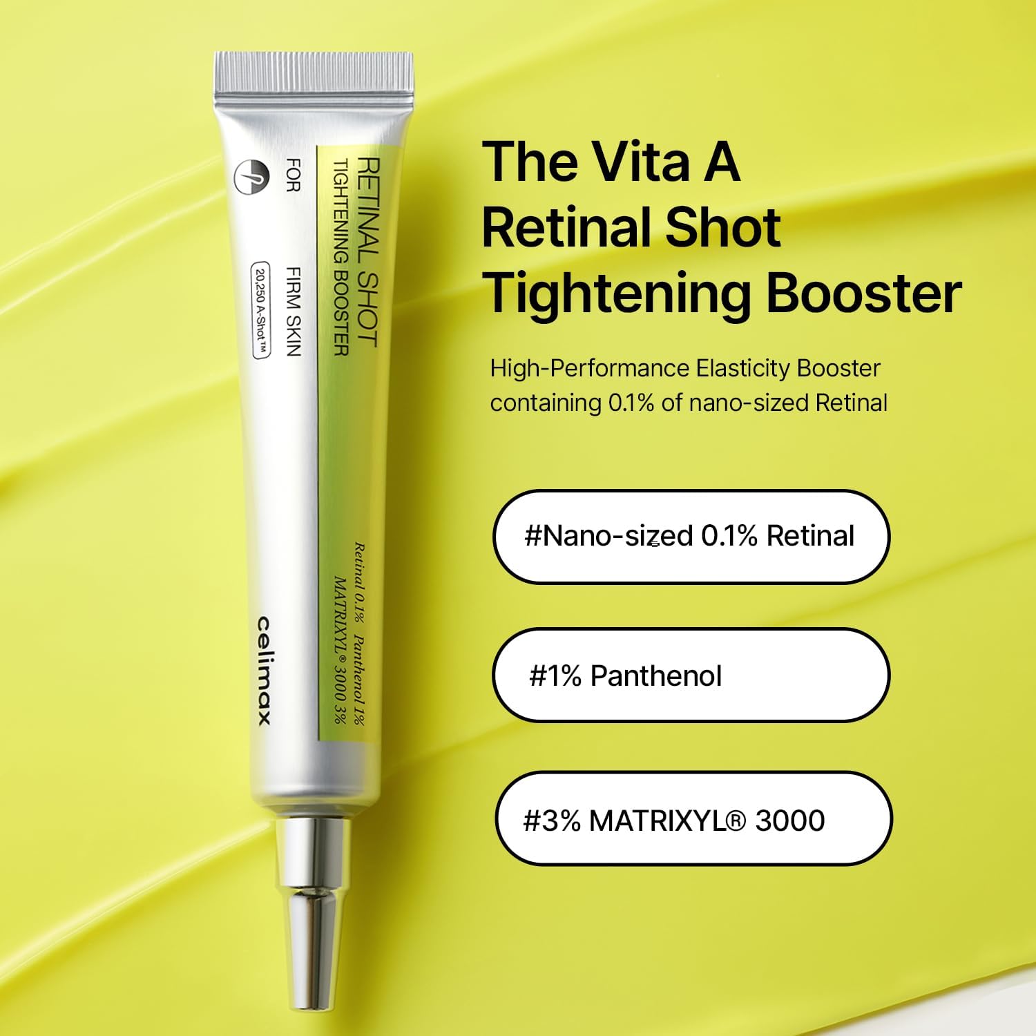 Celimax Retinal Shot Booster ingredients and packaging — 0.1% retinal and Matrixyl