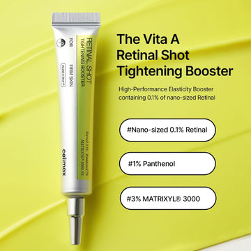 Celimax Retinal Shot Booster ingredients and packaging — 0.1% retinal and Matrixyl